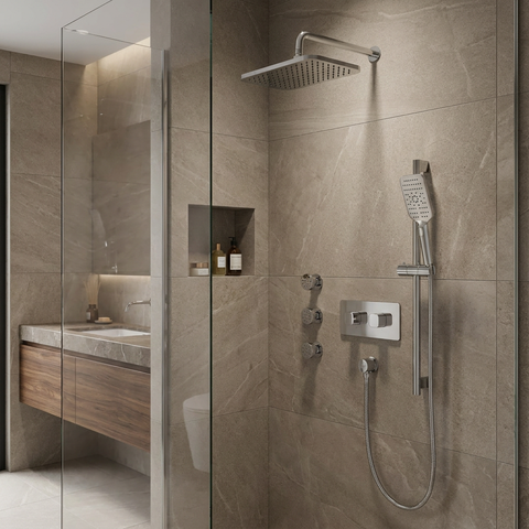 INABOX03 Polished Chrome 3-Way Shared Thermostatic Shower Kit with Rectangular Rainhead and 3 Body Jets - Aquabrass