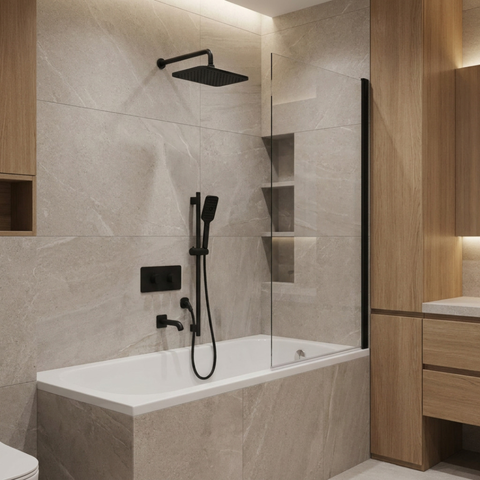 INABOX02 Electro Black 3-Way Shared Thermostatic Shower Kit with Rectangular Rainhead and Tub Spout - Aquabrass