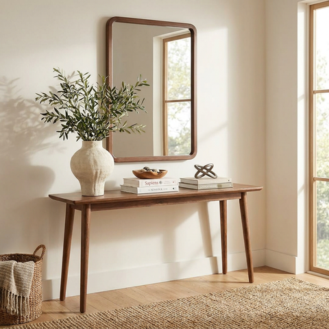 Wooden console table with decorative items in a bright room
