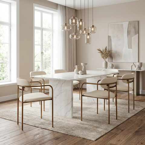 Modern dining room with marble table and gold chairs