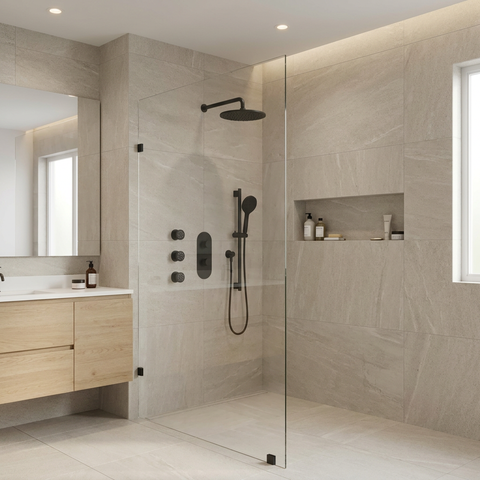 ShowerBox03 Electro Black 3-Way Shared Thermostatic Shower Kit with 3 Body Jets - Aquabrass