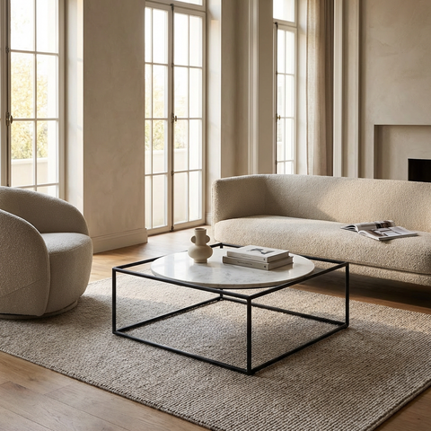 Modern living room with a beige sofa, armchair, and coffee table.