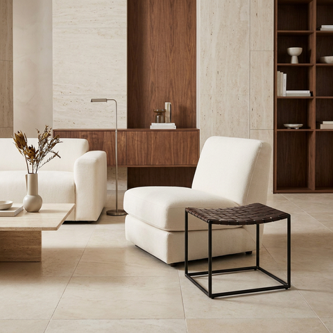 Clarissa Brown Woven Leather Stool - Mercana