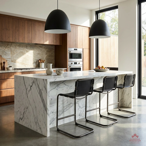 Modern kitchen with marble island and black bar stools