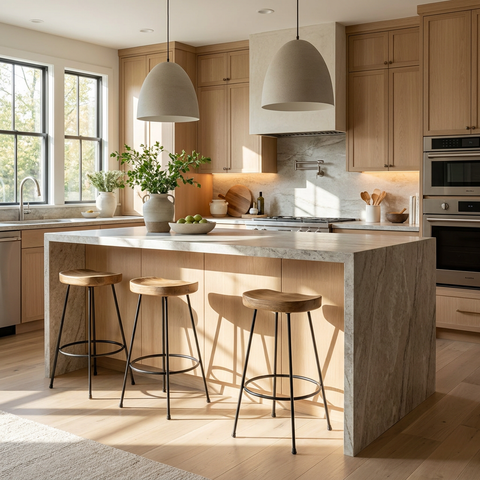 Modern kitchen with marble island, wooden stools, and stainless steel appliances.