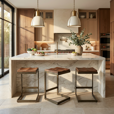 Modern kitchen with marble island and wooden stools