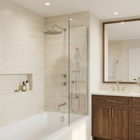 ShowerBox02N Polished Nickel 3-Way Shared Thermostatic Tub and Shower Kit with 12-Inch Rainhead - Aquabrass