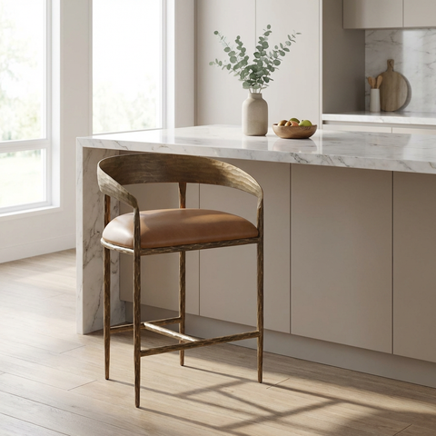 Wooden bar stool with brown cushion in a modern kitchen setting