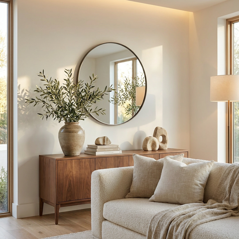 Modern living room with a beige sofa, wooden sideboard, and round mirror.