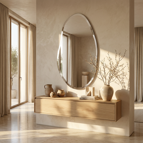 Modern interior with a wooden console table and oval mirror in a bright room.