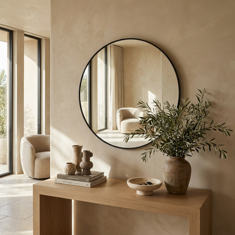 Round mirror on a beige wall above a wooden console table with decorative items.
