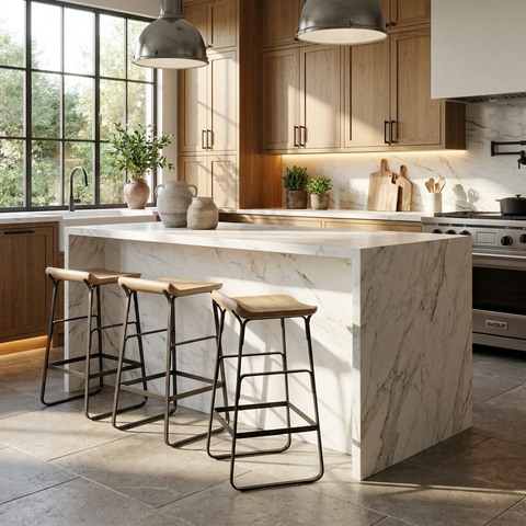 Modern kitchen with marble island, wooden stools, and natural light