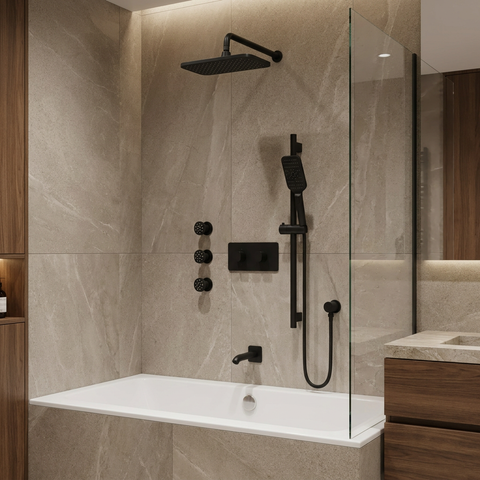 INABOX03 Electro Black 3-Way Non-Shared Thermostatic Shower Kit with Rectangular Rainhead and 3 Body Jets - Aquabrass