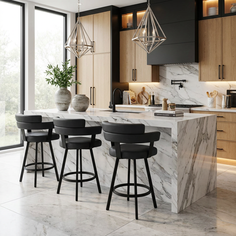 Modern kitchen with marble island and bar stools