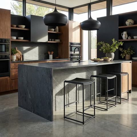 Modern kitchen with marble island and black pendant lights