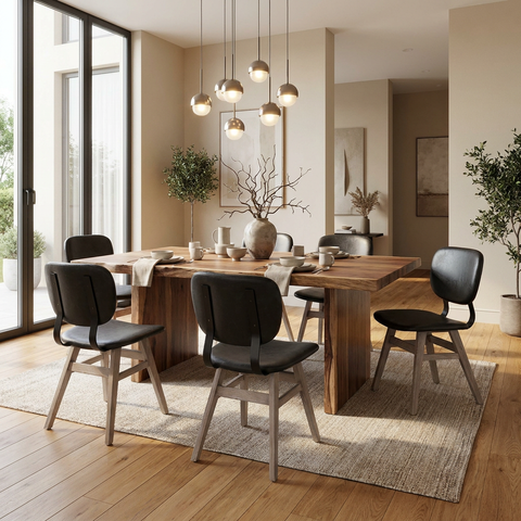 Modern dining room with wooden table and black chairs near large windows.