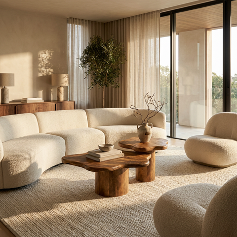 Modern living room with beige sofa, wooden coffee table, and large windows.