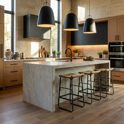 Modern kitchen with marble island, bar stools, and black pendant lights.