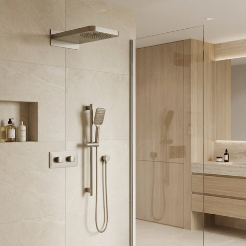 INABOX04 Brushed Nickel 3-Way Shared Thermostatic Shower Kit with Dual-Function Aquasheet Rainhead - Aquabrass