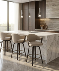 Modern kitchen with marble island and stools