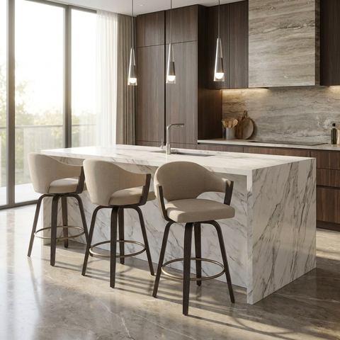 Modern kitchen with marble island and stools