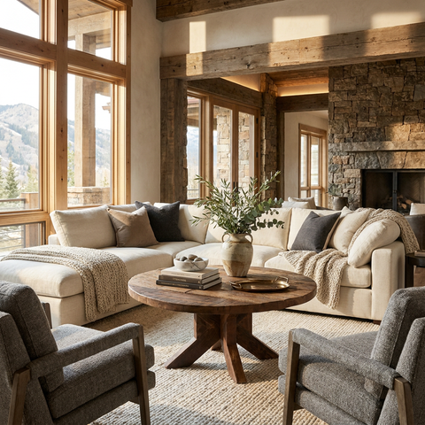 Cozy living room with a stone fireplace, large windows, and comfortable furniture.