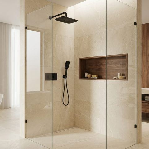 INABOX01 Electro Black 2-Way Shared Thermostatic Shower Kit with 14" x 8" Rectangular Rainhead - Aquabrass