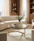 Modern living room with beige sofa, glass coffee table, and city view
