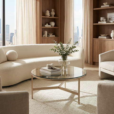 Modern living room with beige sofa, glass coffee table, and city view