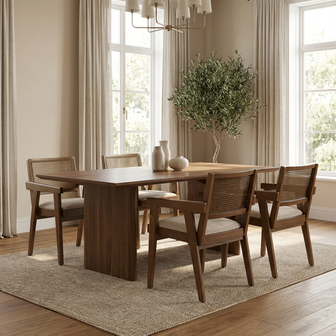 Dining room with wooden table and chairs in a well-lit room.