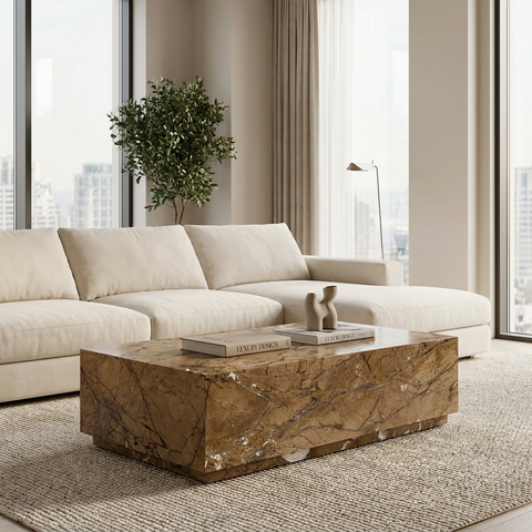 Modern living room with a beige sectional sofa and marble coffee table.