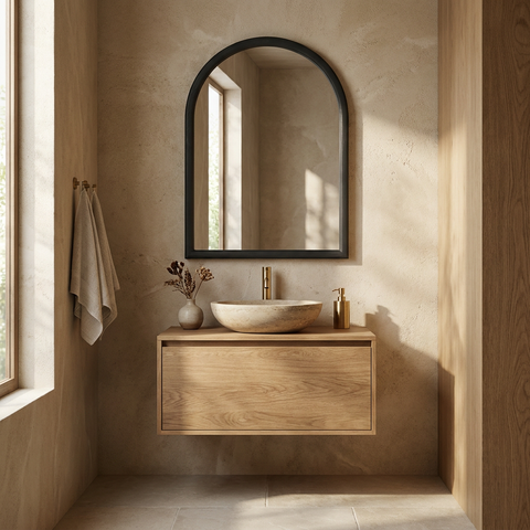Bathroom with wooden vanity, round mirror, and natural light