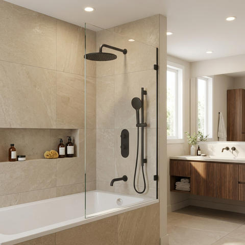 ShowerBox02 Electro Black 3-Way Non-Shared Thermostatic Tub and Shower Kit with 12-Inch Rainhead - Aquabrass