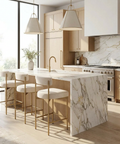 Modern kitchen with marble island and bar stools