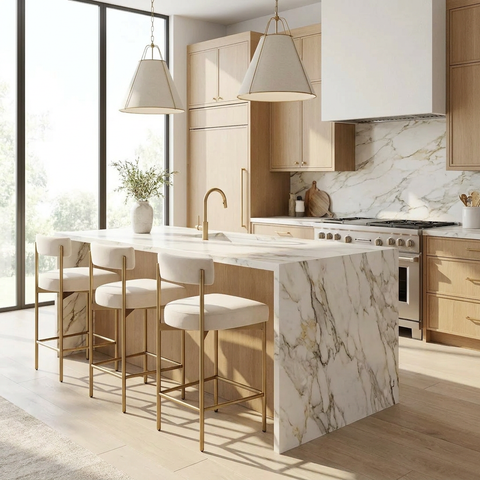 Modern kitchen with marble island and bar stools