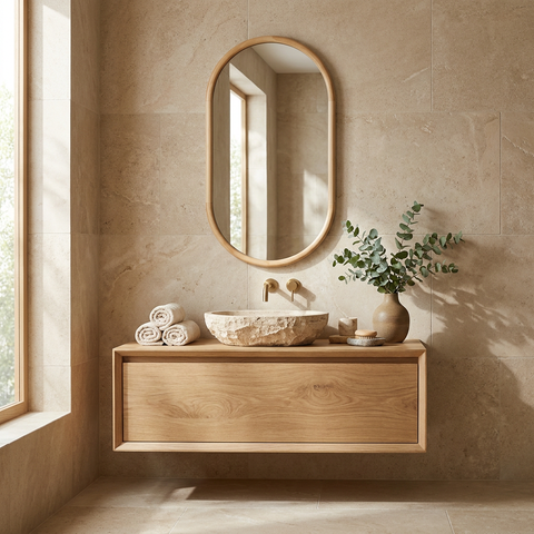 Bathroom with wooden vanity, oval mirror, and plant
