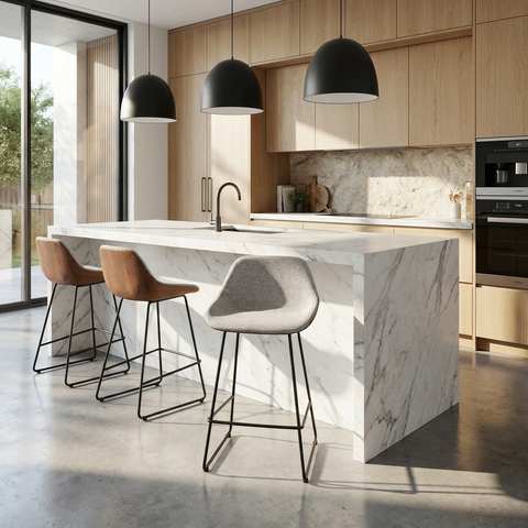 Modern kitchen with marble island, bar stools, and black pendant lights.