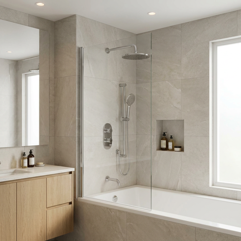 ShowerBox02 Polished Chrome 3-Way Non-Shared Thermostatic Tub and Shower Kit with 12-Inch Rainhead - Aquabrass